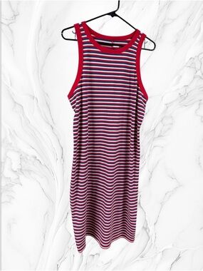 Super soft by torrid Red, Blue & White Ribbed knit Striped Crewneck midi dress